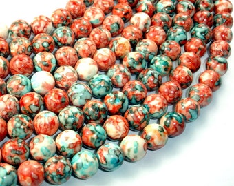 May include: A strand of round, white beads with a marbled pattern of red and turquoise. The beads are strung together on a clear thread.