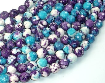 May include: A strand of faceted beads in shades of white, blue, and purple. The beads are made of a mottled stone with a unique pattern.
