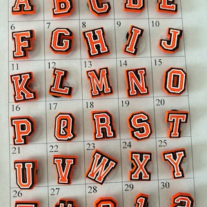 Orange Letters shoe charms | A B C D E F G H I J K L M N O P Q R S T U V W X Y Z # 1 2 3 4 5 6 7 8 9 0