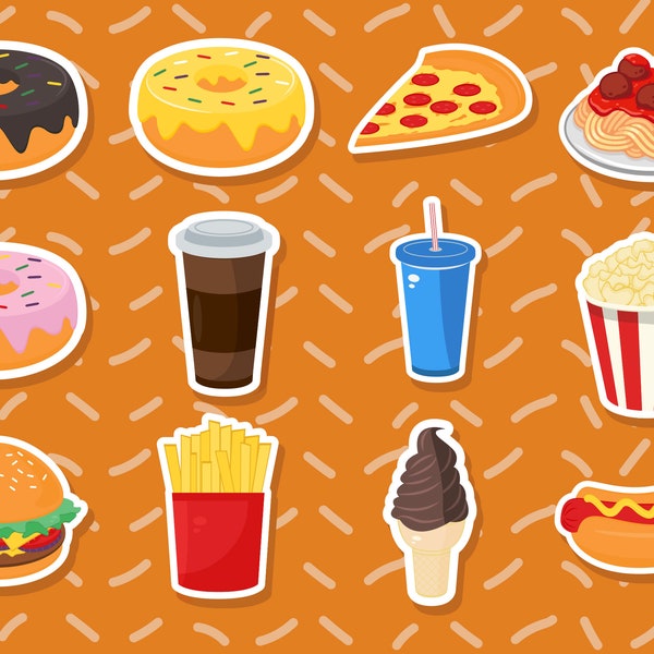 Fast Food Sticker sheet, Donut Sticker, Pizza sticker, spaghetti sticker, Fun Food Sticker sheet