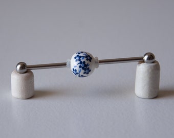 Industrial Barbell with Blue Flower Ceramic Bead - Industrial bar earring - Unique Body Jewelry - 14g - Unique gift