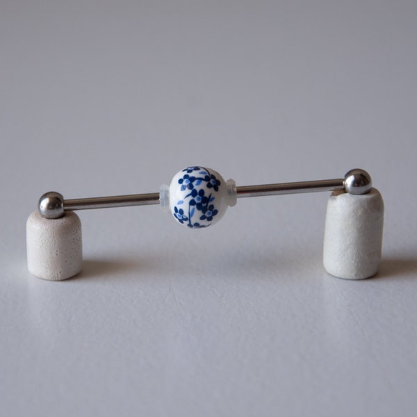 Industrial Barbell with Blue Flower Ceramic Bead - Industrial bar earring - Unique Body Jewelry - 14g - Unique gift