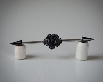 Spiked Industrial Barbell with resin Black Rose Bead - Industrial Ear Bar - Unique Body Jewelry - 14g - Unique gift