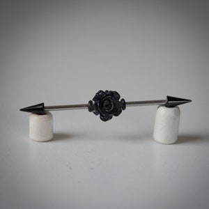 Spiked Industrial Barbell with resin Black Rose Bead - Industrial Ear Bar - Unique Body Jewelry - 14g - Unique gift