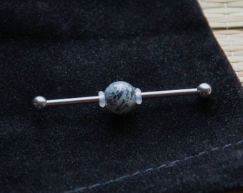 Industrial Barbell with SNOWFLAKE JASPER Bead - Industrial bar earring - Unique Body Jewelry - 14g