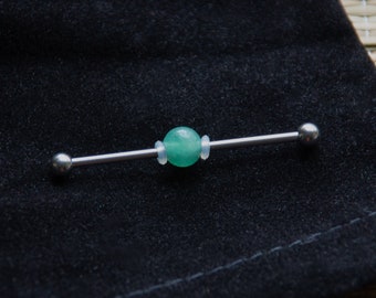 Industrial Barbell with Green AVENTURINE Bead - Industrial bar earring - Unique Body Jewelry - 14g