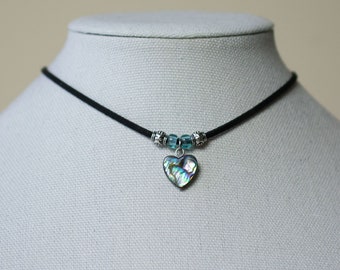 ADJUSTABLE Paua Abalone Shell Heart Choker Necklace  with Light Aqua Blue Czech Glass Beads, Beach - Gifts - Mother's Day
