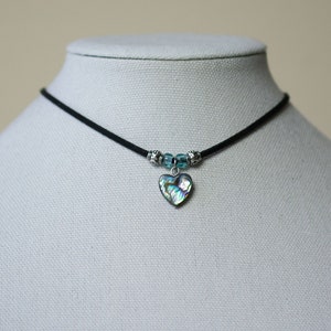 ADJUSTABLE Paua Abalone Shell Heart Choker Necklace  with Light Aqua Blue Czech Glass Beads, Beach - Gifts - Mother's Day