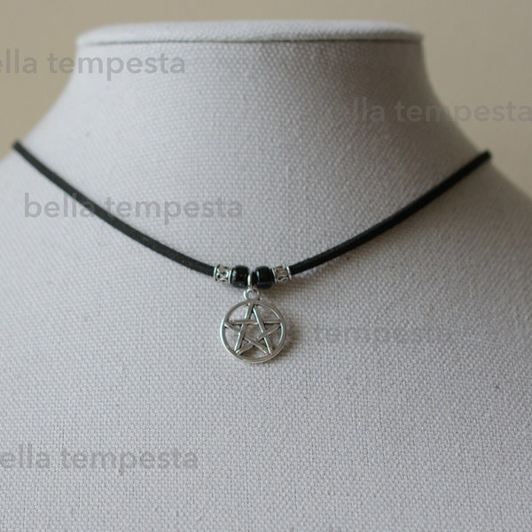 Adjustable Pentacle Choker or Necklace - Pentagram Adjustable Necklace - Choker with Czech Glass Beads, Solstice Gift, Pagan Fairycore