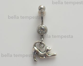 Cute Cat Charm on Clear CZ Dangle Belly Ring  - Belly Button Ring - Cat Jewelry  -  fantasy body jewelry