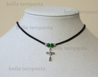 ADJUSTABLE Crucifix Victorian Choker or Necklace - Cross Pendant Choker with Emerald Green Czech Glass Crow Beads, Artisan Jewelry Gifts