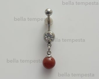 Genuine Carnelian Drop on Clear CZ Dangle Belly Ring  - Cranberry Red Belly Button Ring - Unique Body Jewelry  -  Gifts Gift