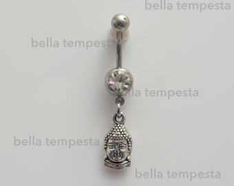 Buddha Charm on Clear CZ Dangle Belly Ring  - Belly Button Ring - Unique Body Jewelry  -  zen yoga body jewelry