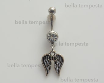 Ascending Angel Wings Clear CZ Dangle Belly Ring  - Belly Button Ring - Unique Body Jewelry  - 14 gauge piercing -  Gifts