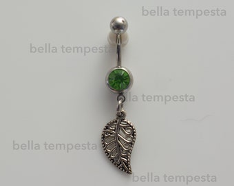 Leaf Charm on Green CZ Dangle Belly Ring  - Belly Button Ring - fairycore Body Jewelry  -  nature body jewelry