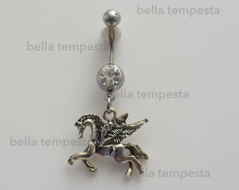 Flying Pegasus Charm on Clear CZ Dangle Belly Ring  - Belly Button Ring - Unique Body Jewelry  -  fantasy body jewelry