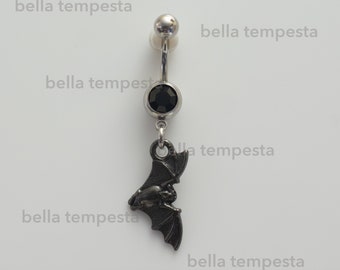 Black Bat Charm with Black CZ Dangle Belly Ring  - Belly Button Ring - Unique Body Jewelry  - 14 gauge piercing - goth, dark, fantasy