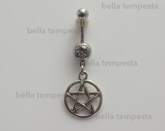 Pentagram on Clear CZ Dangle Belly Ring  - Belly Button Ring - Unique Body Jewelry  - pentacle -  pagan body jewelry