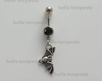 Bat Charm with Black CZ Dangle Belly Ring  - Belly Button Ring - Unique Body Jewelry  - 14 gauge piercing -  goth, dark, fantasy