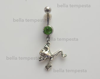 Groovy Tree Frog Charm on Green CZ Dangle Belly Ring  - Belly Button Ring - Unique Body Jewelry  -  frog body jewelry