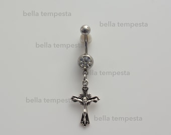 Crucifix Cross Clear CZ Dangle Belly Ring  - Belly Button Ring - Unique Body Jewelry  - 14 gauge piercing -  Christian body jewelry