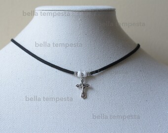 Adjustable Crucifix Victorian Choker or Necklace - Cross Pendant Choker with White Czech Glass Crow Beads, Artisan Jewelry Christmas