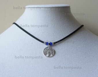 Adjustable Tree of Life Necklace or Victorian Choker with Cobalt Blue Czech Glass Crow Beads, Unique Gift