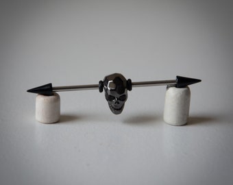 Industrial Barbell, Black Carved-look Metal Skull, Faceted CZ Eyes, 14-Gauge