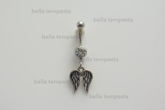 Angel Wing Belly Ring – CZ Dangle, 14 Gauge Surgical Steel