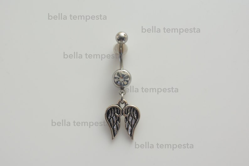 Ascending Angel Wings Clear CZ Dangle Belly Ring Belly Button Ring Unique Body Jewelry 14 gauge piercing Gifts image 1