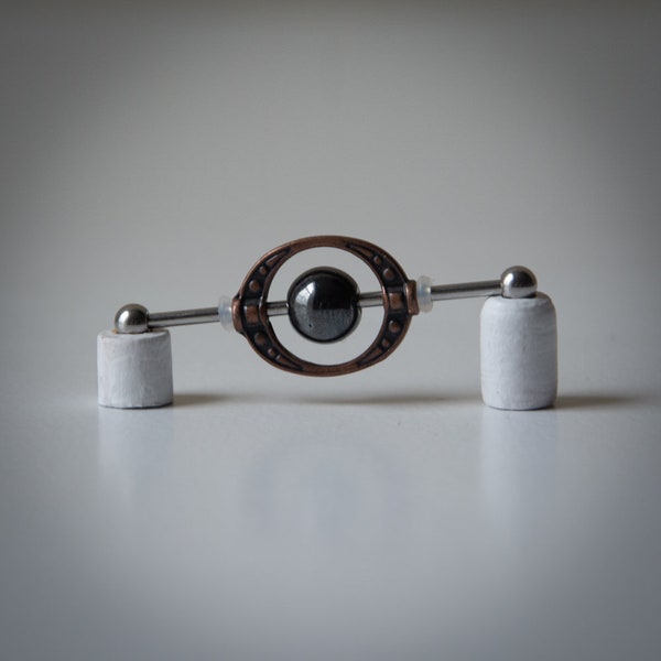 Piercing haltère industriel en hématite – Bijou de corps style steampunk, 14 g