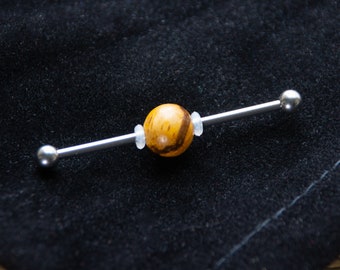 Industrial Barbell with Sandalwood Bead - Industrial bar earring - Unique Body Jewelry - 14g