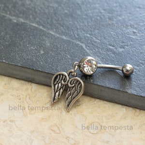 Ascending Angel Wings Clear CZ Dangle Belly Ring Belly Button Ring Unique Body Jewelry 14 gauge piercing Gifts image 2