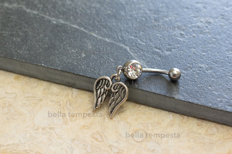 Ascending Angel Wings Clear CZ Dangle Belly Ring Belly Button Ring Unique Body Jewelry 14 gauge piercing Gifts image 2