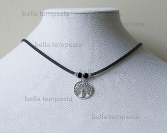 Adjustable Tree of Life Necklace or Victorian Choker with Black Czech Glass Crow Beads, Unique Gift