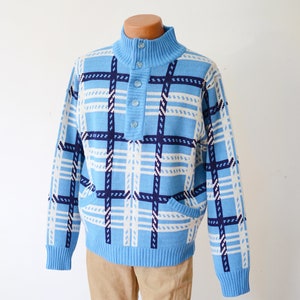 1970s Blue Plaid Sweater - L