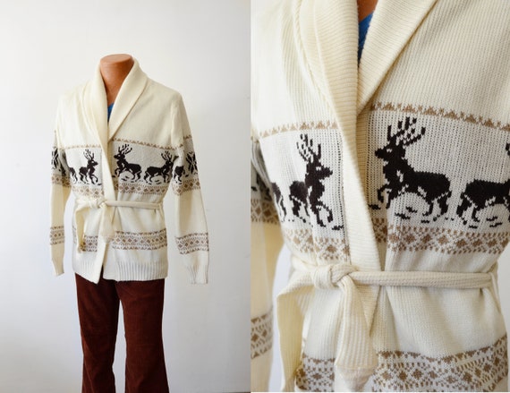1970s Reindeer Acrylic Cardigan - M/L