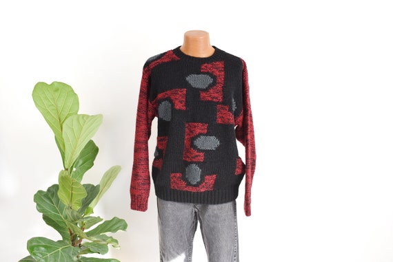 1980s Polka Dot and Geometric Red Sweater - image 1