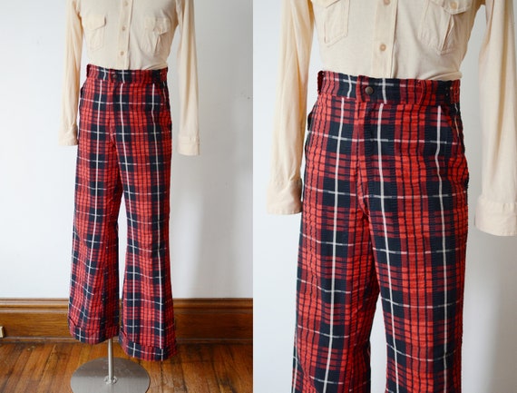 1970s Red Plaid Seersucker Flare Pants