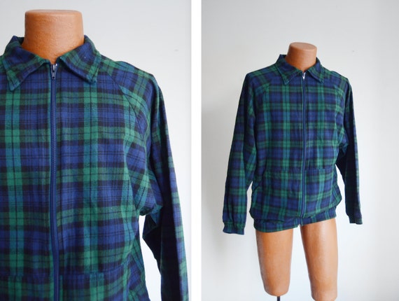 Cotton Flannel 1980s Green and Blue Plaid Jacket -