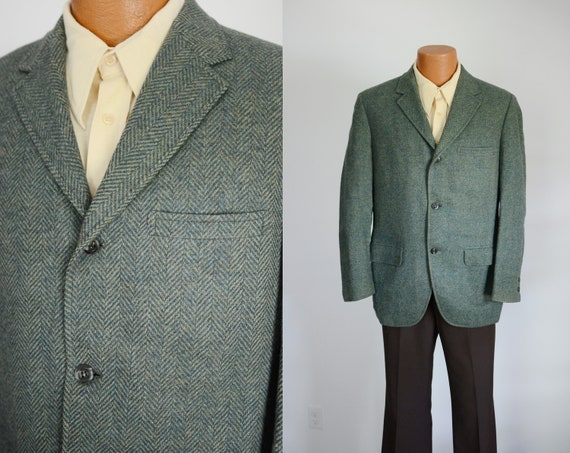 Green Herringbone Wool Blazer - image 1