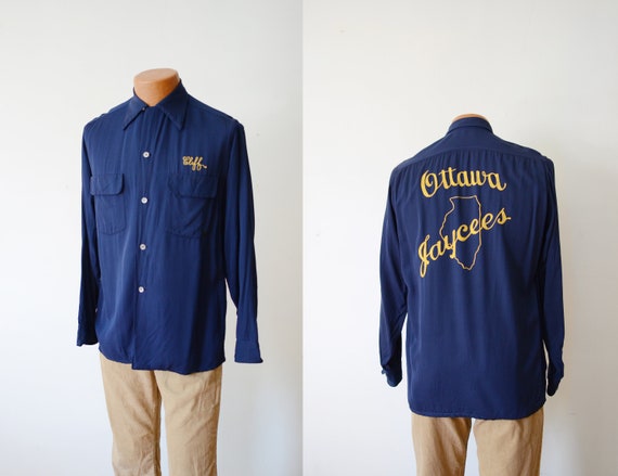 1940s Navy Rayon Shirt with Chain Stitching - M