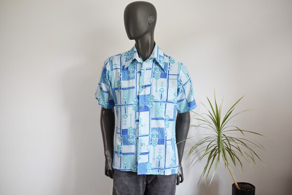 70s Blue Patterned Button Up - image 1