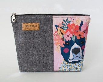 Cute Pit Bull Zipper Bag, Floral Puppy Zipper Pouch, Handmade Gift, Cosmetic Bag, Birthday Gift