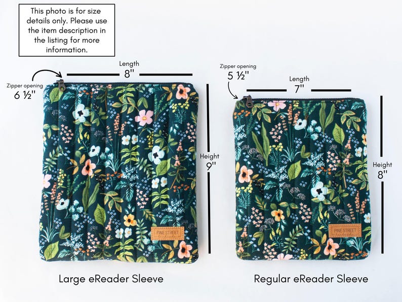 K&ouml;nnte beinhalten: Zwei gesteppte E-Reader-H&uuml;llen mit Blumenmustern. Die gr&ouml;&szlig;ere H&uuml;lle ist 20,3 cm lang und 22,9 cm hoch, mit einer Rei&szlig;verschluss&ouml;ffnung von 16,5 cm. Die kleinere H&uuml;lle ist 17,8 cm lang und 20,3 cm hoch, mit einer Rei&szlig;verschluss&ouml;ffnung von 14 cm.