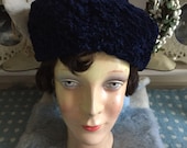 Vintage 1950s faux Astrakhan pillbox hat in a deep midnight blue. The fabric is also known as 39 Persian Lamb 39 . Excellent condition Size S M