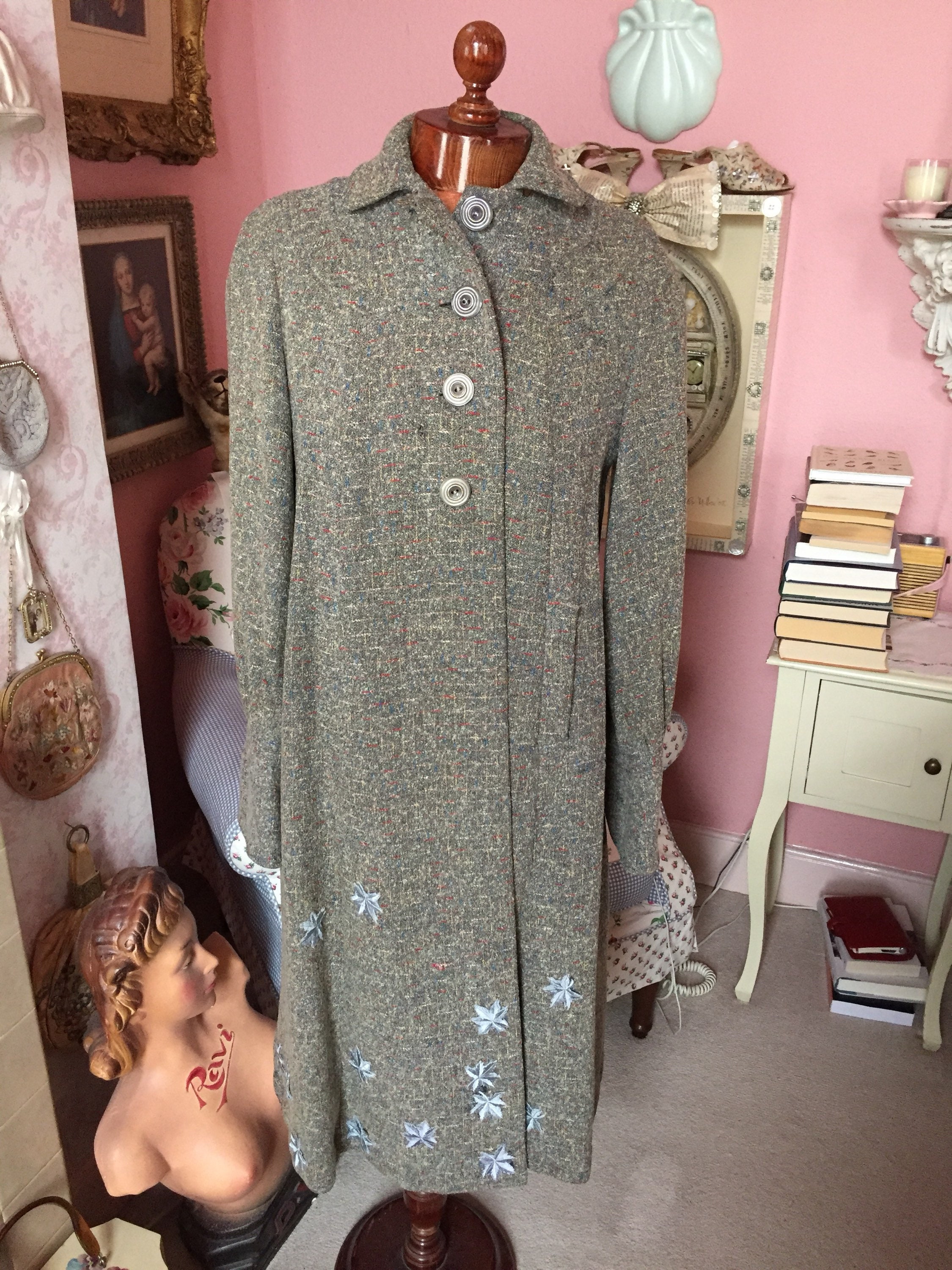 Image of Vintage S Swing Coat in Grey Wool Flecked With Red, Blue & Yellow. With Leaf Appliqués Near The Hem. Size About A U.k.