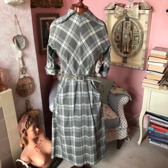 1950s grey wool plaid dress with fantastic scotty