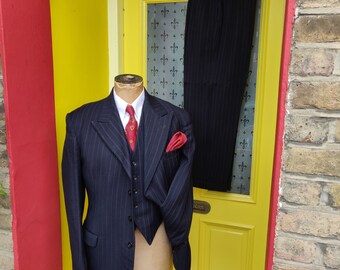 Bespoke CC41 3-piece single-breasted suit, blue/black wool + white pinstripe. Good quality. PTU. Size: 39/40 R (C 39"/waist 30-32" /leg 30")