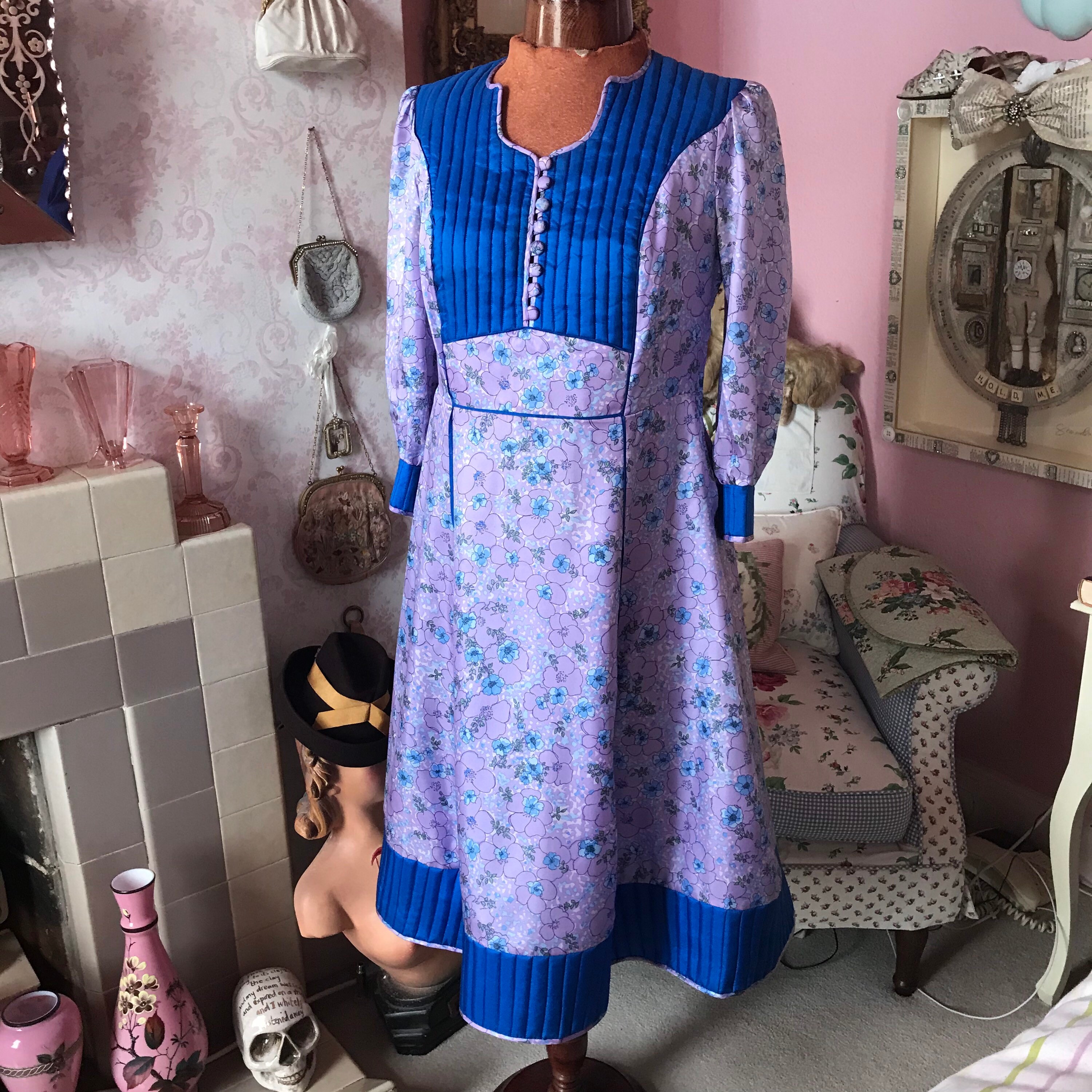 1970s Silk Quilted Dress From Annabelinda Pattern in Blue and Etsy